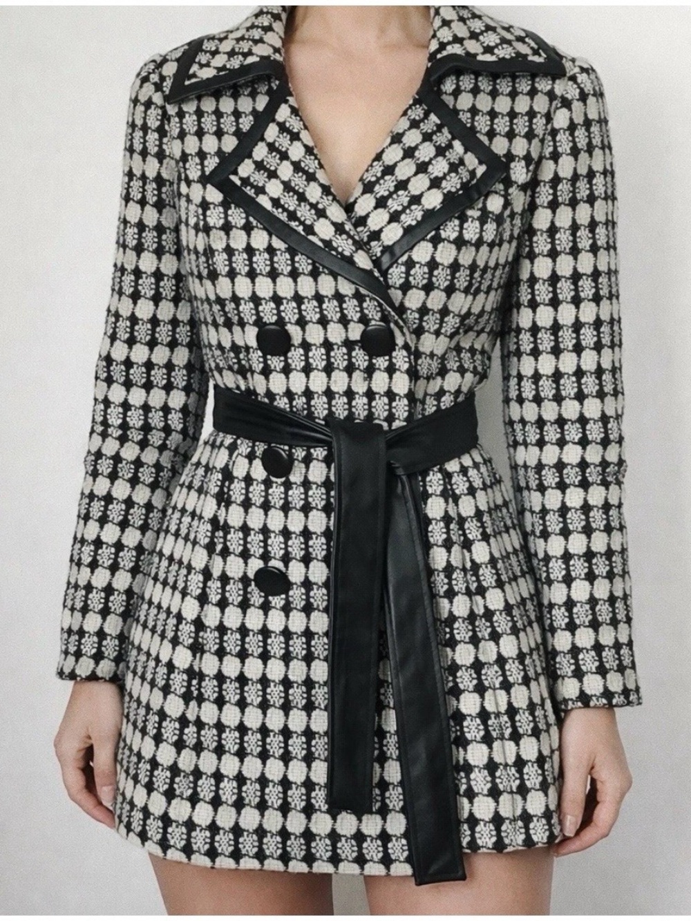 Cynthia Rowley Black & White Checked Double-Breasted Trench Coat